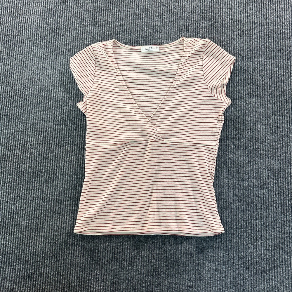 Rebellious Dreamer Womens Surplice Top Large Red White Striped Ribbed Knit